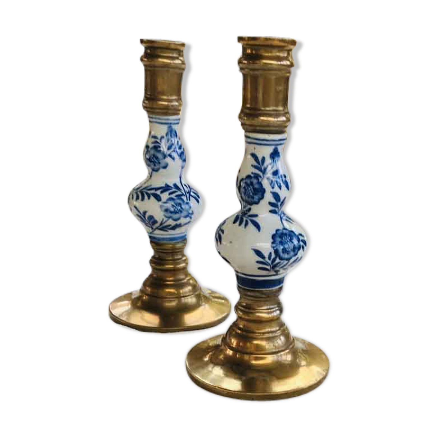 Delft brass and porcelain candlestick duo