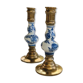 Delft brass and porcelain candlestick duo