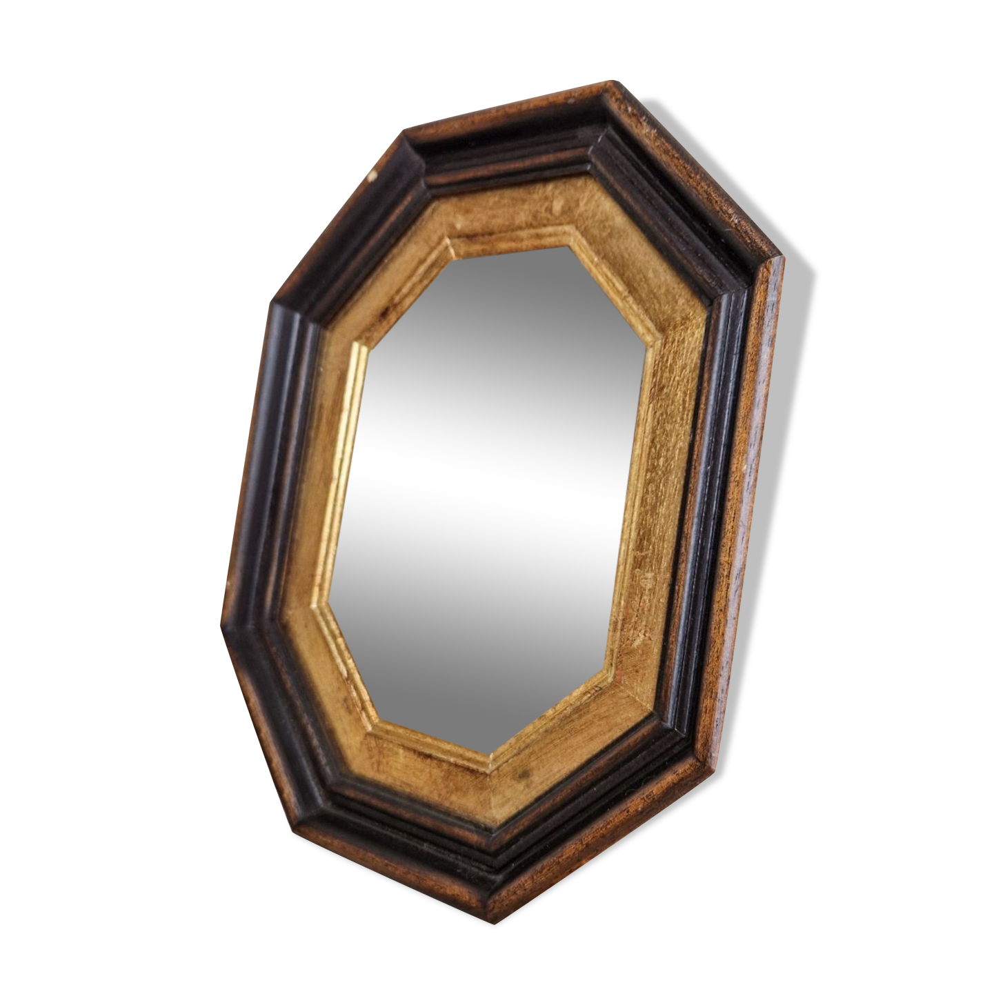 Miroir ancien en bois octogonal noir et doré