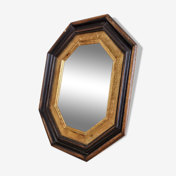 Miroir ancien en bois octogonal noir et doré