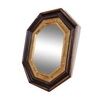 Miroir ancien en bois octogonal noir et doré