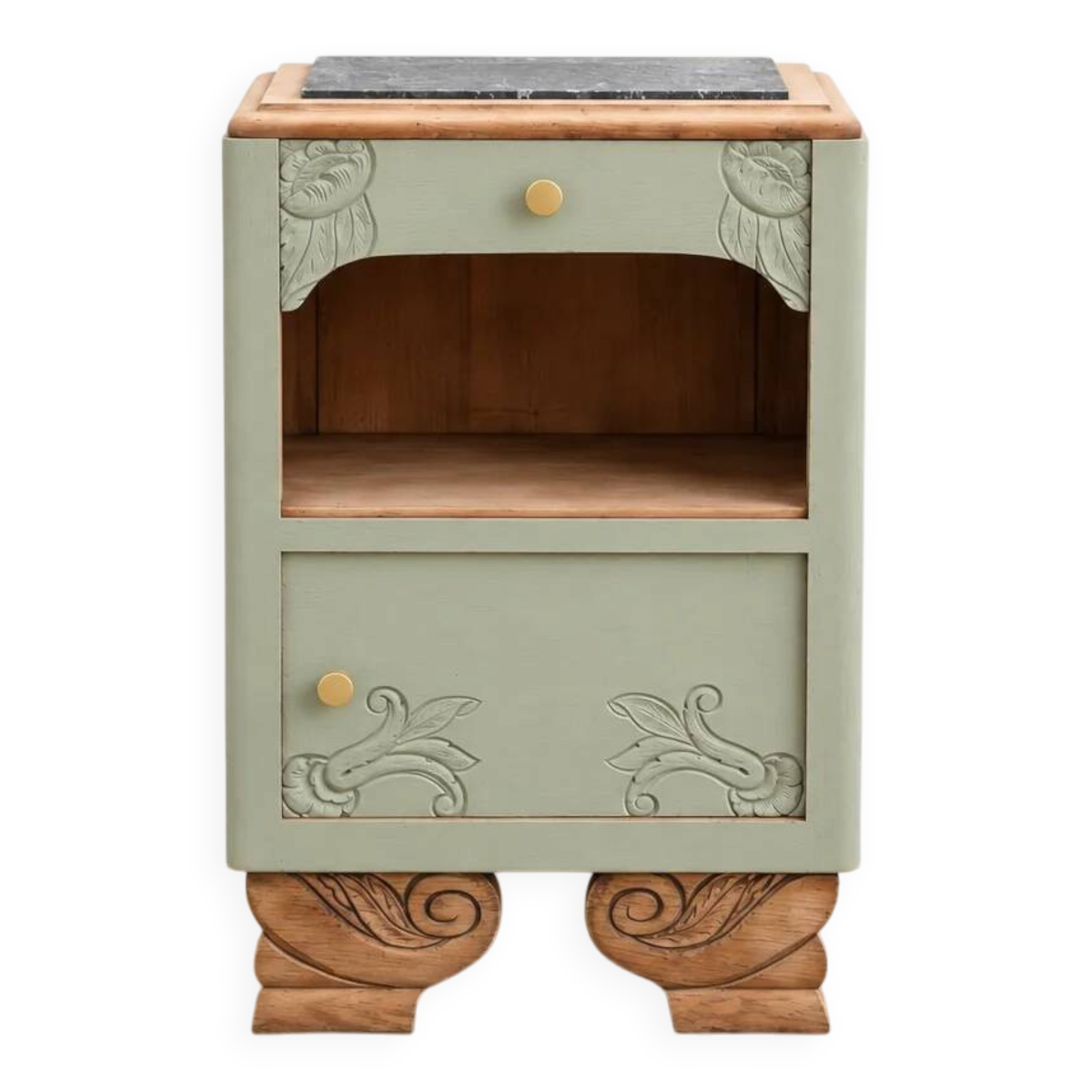 Renovated antique Art Deco bedside table – Lézard Green Pure & Paint, natural wood and marble top.