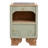 Renovated antique Art Deco bedside table – Lézard Green Pure & Paint, natural wood and marble top.