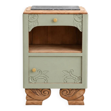 Chevet art déco ancien rénové – Vert Lézard Pure & Paint, bois naturel et plateau marbre