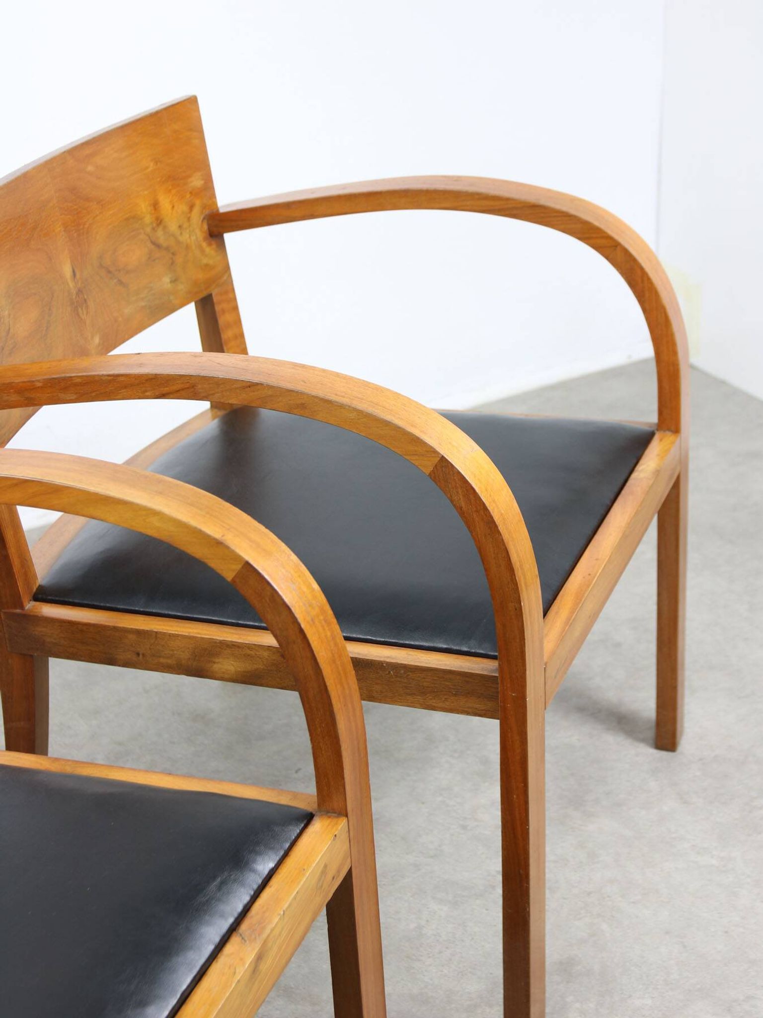 Italian Art Deco Lounge Chairs in Wood & Black Leatherette, set of 2