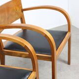 Italian Art Deco Lounge Chairs in Wood & Black Leatherette, set of 2