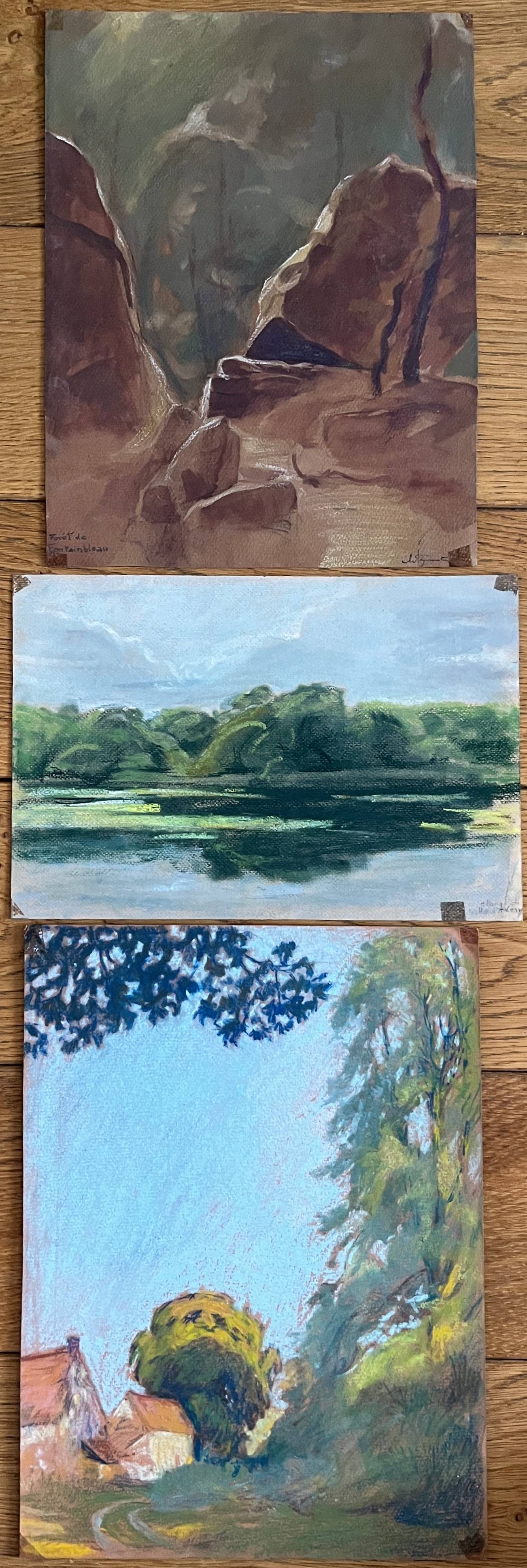 Paintings set of 3 drawings by Ed. Pannetier (1884-1965) Ville d'Avray pond F
