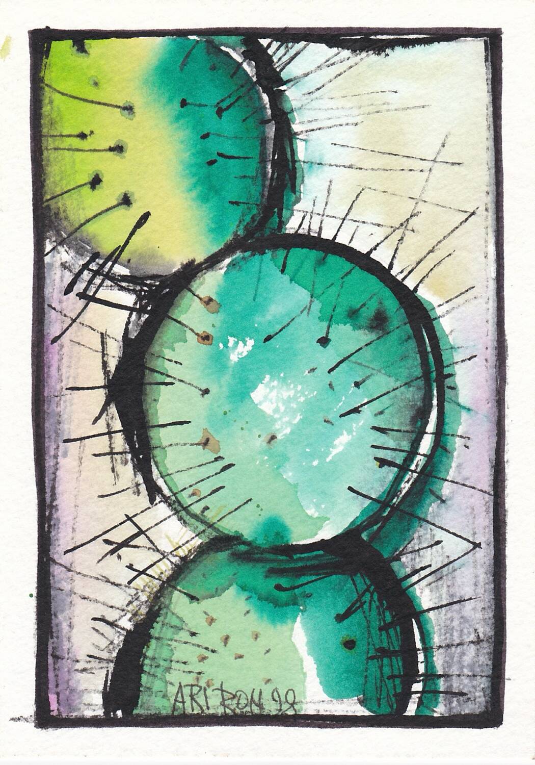 Chinese ink and watercolor, Ari Ron, Signed and dated 1998.