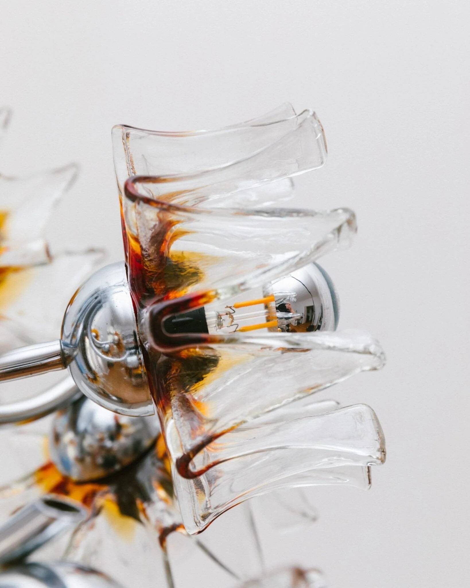 Carlo Nason Murano Glass Flower-Shades Chandelier by Mazzega - Chrome and Transparent Amber Glass, Hollywood Regency, 1970s