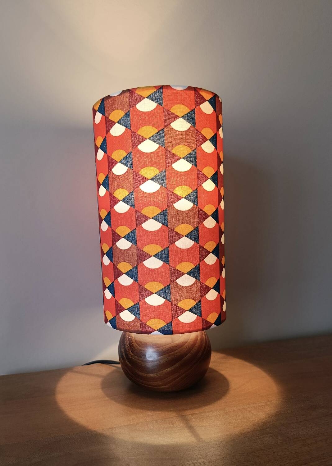 vintage wooden ball lamp, graphic lampshade in 70s style