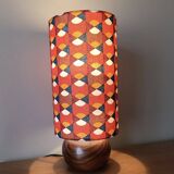 vintage wooden ball lamp, graphic lampshade in 70s style