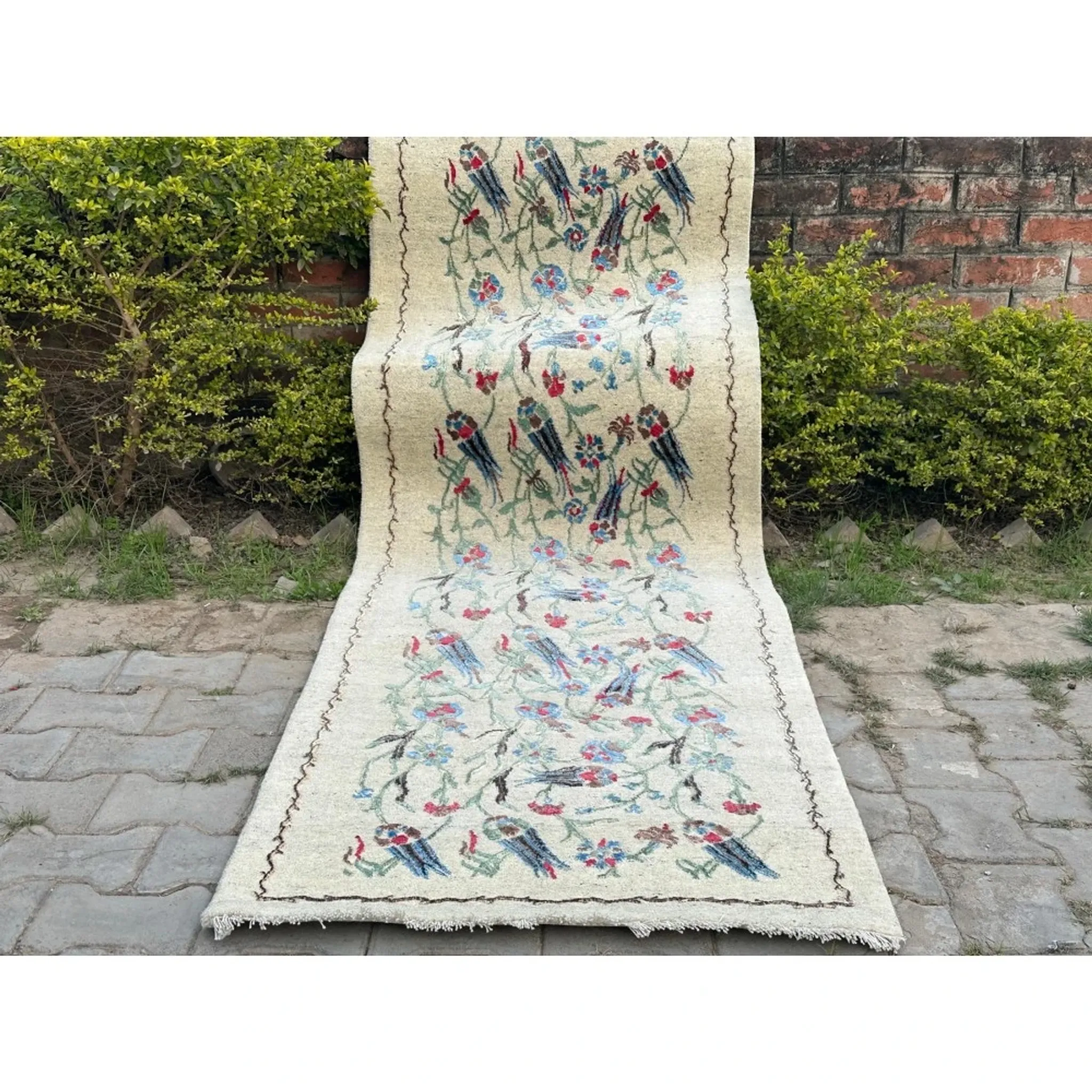 Hand-Knotted Silk Runner Rug for Hallway, Ivory Floral Vine Design Rug for Kitchen