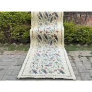 Hand-Knotted Silk Runner Rug for Hallway, Ivory Floral Vine Design Rug for Kitchen