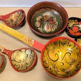 Vintage Khokhloma set – bowl + 7 painted ladles USSR