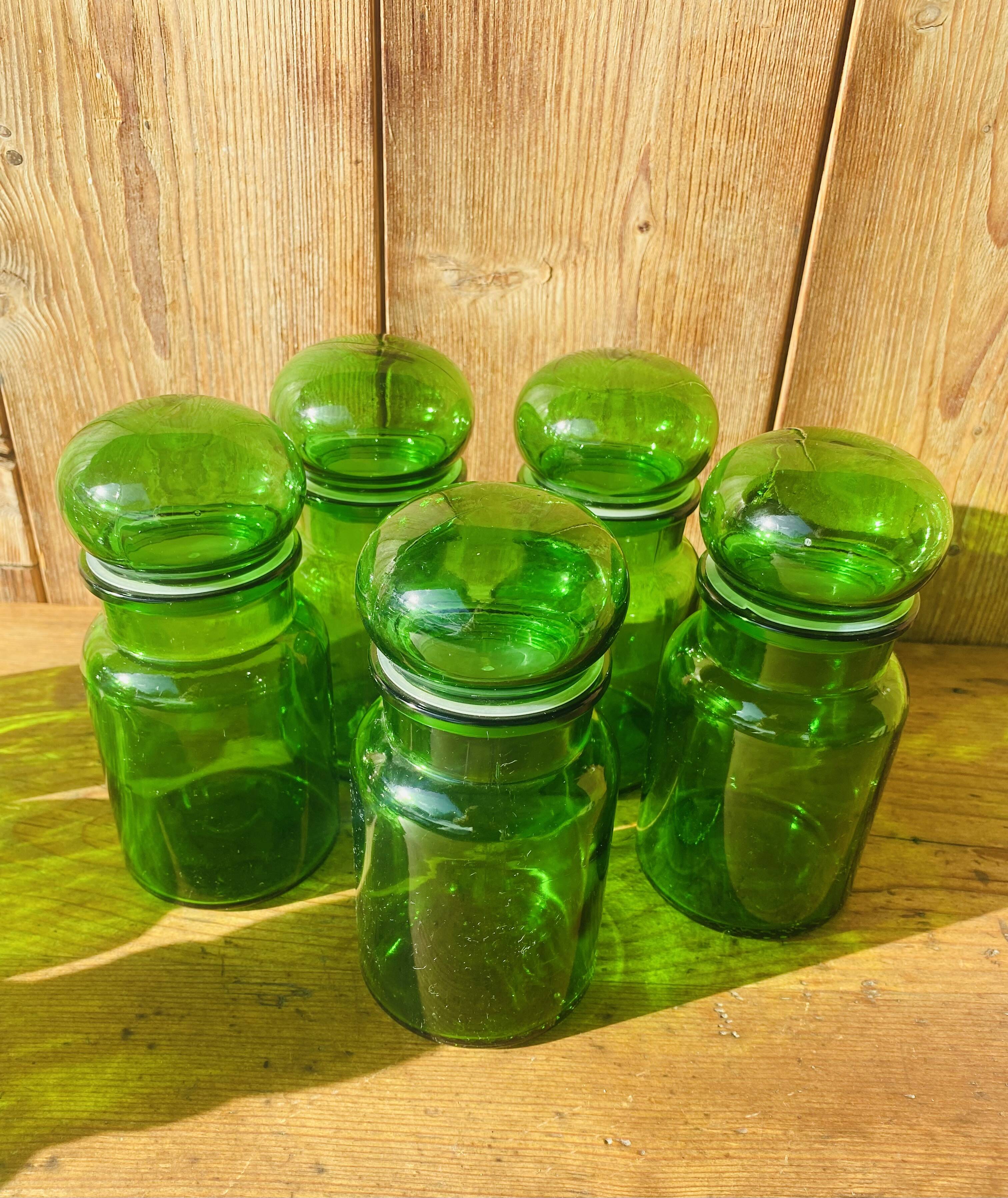 Set of 5 vintage green glass jars Made in Belgium