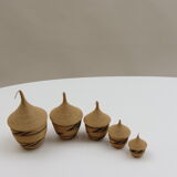 Set of 5 vintage tutsi rwanda rattan decorative lidded pots 1970s