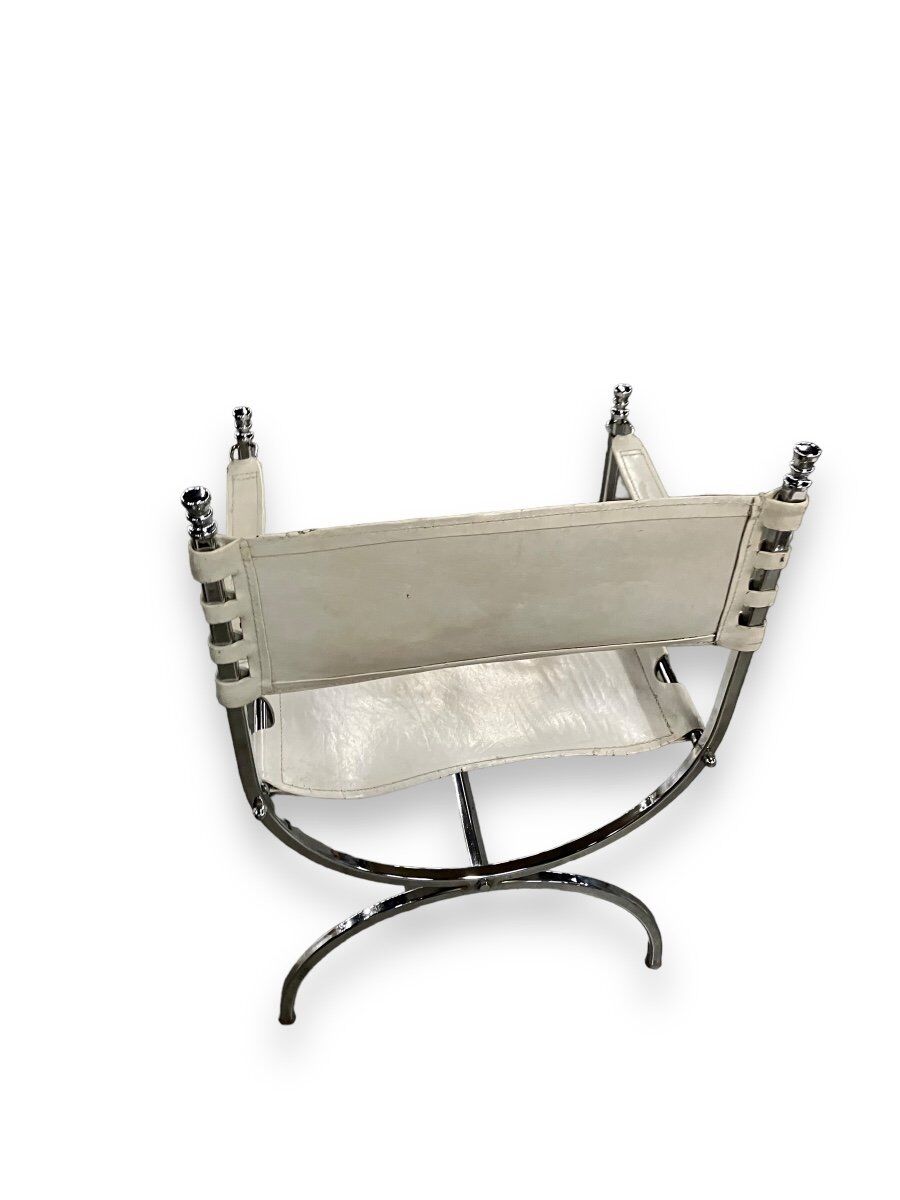 Maison Jansen Set of 4 armchairs Emperor Savonarola White leather and chromed metal