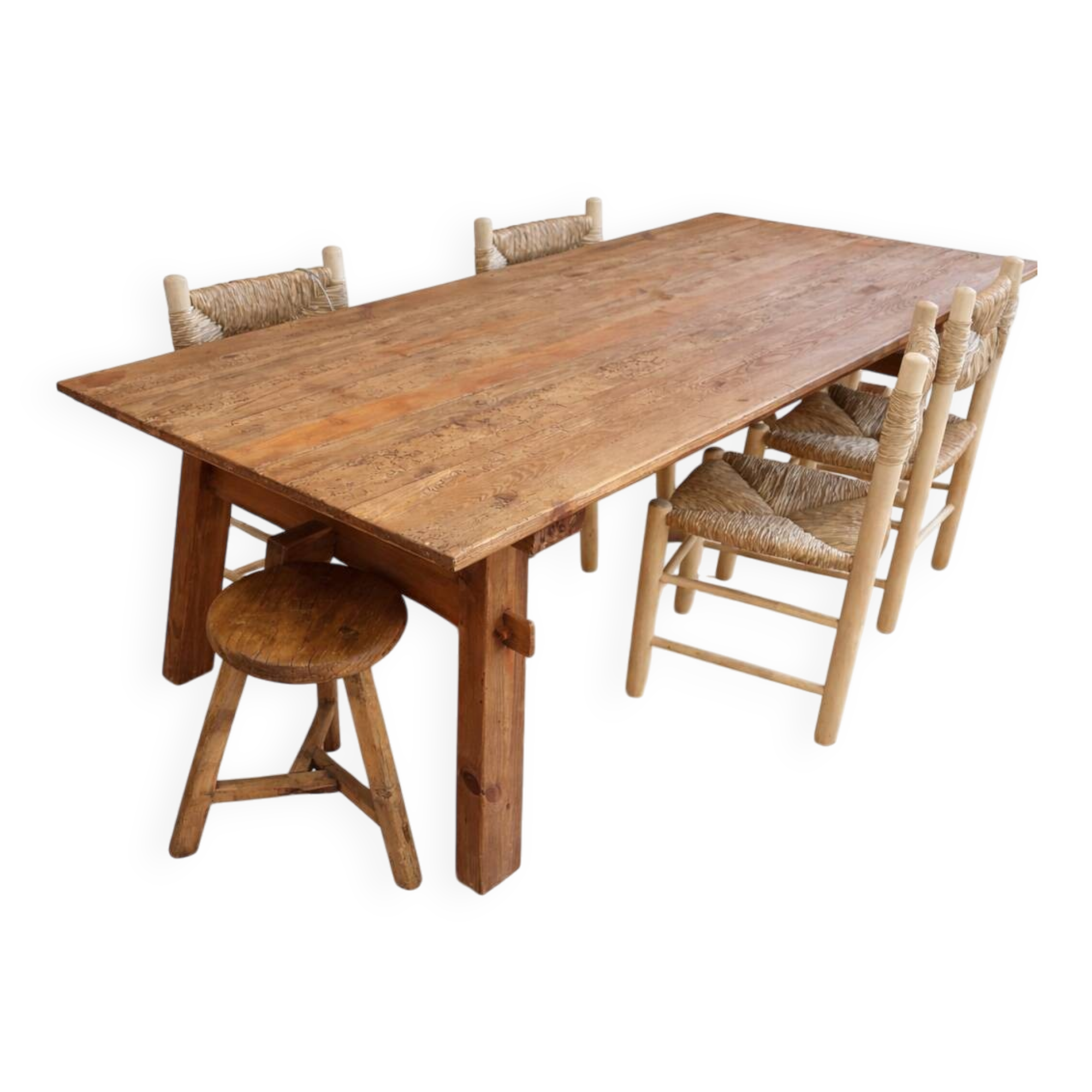 Dining table in natural wood, 220 x 100 x 77 cm, recycled pine.