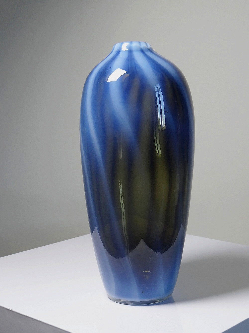 Vintage smoked glass vase lined with opaline, Murano bubble.