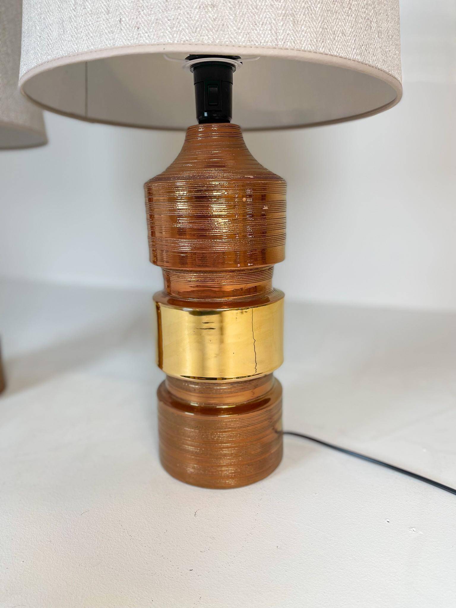 Pair of Bergboms Bitossi brass table lamps, large mid-century, 1960s, Sweden.