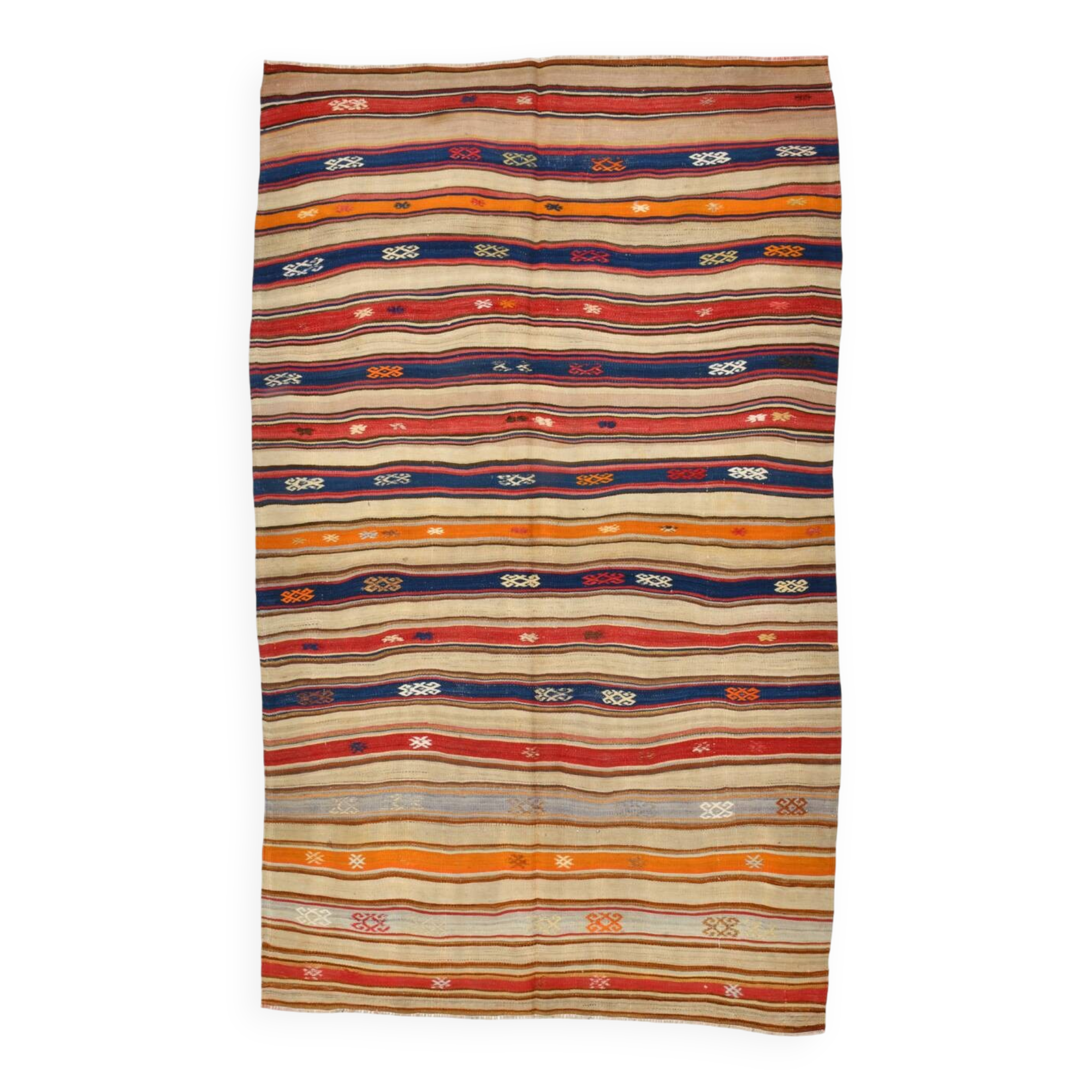 Cream Blue Striped Pattern Vintage Kilim Rug, 162x267Cm