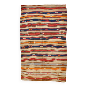 Cream Blue Striped Pattern Vintage Kilim Rug, 162x267Cm