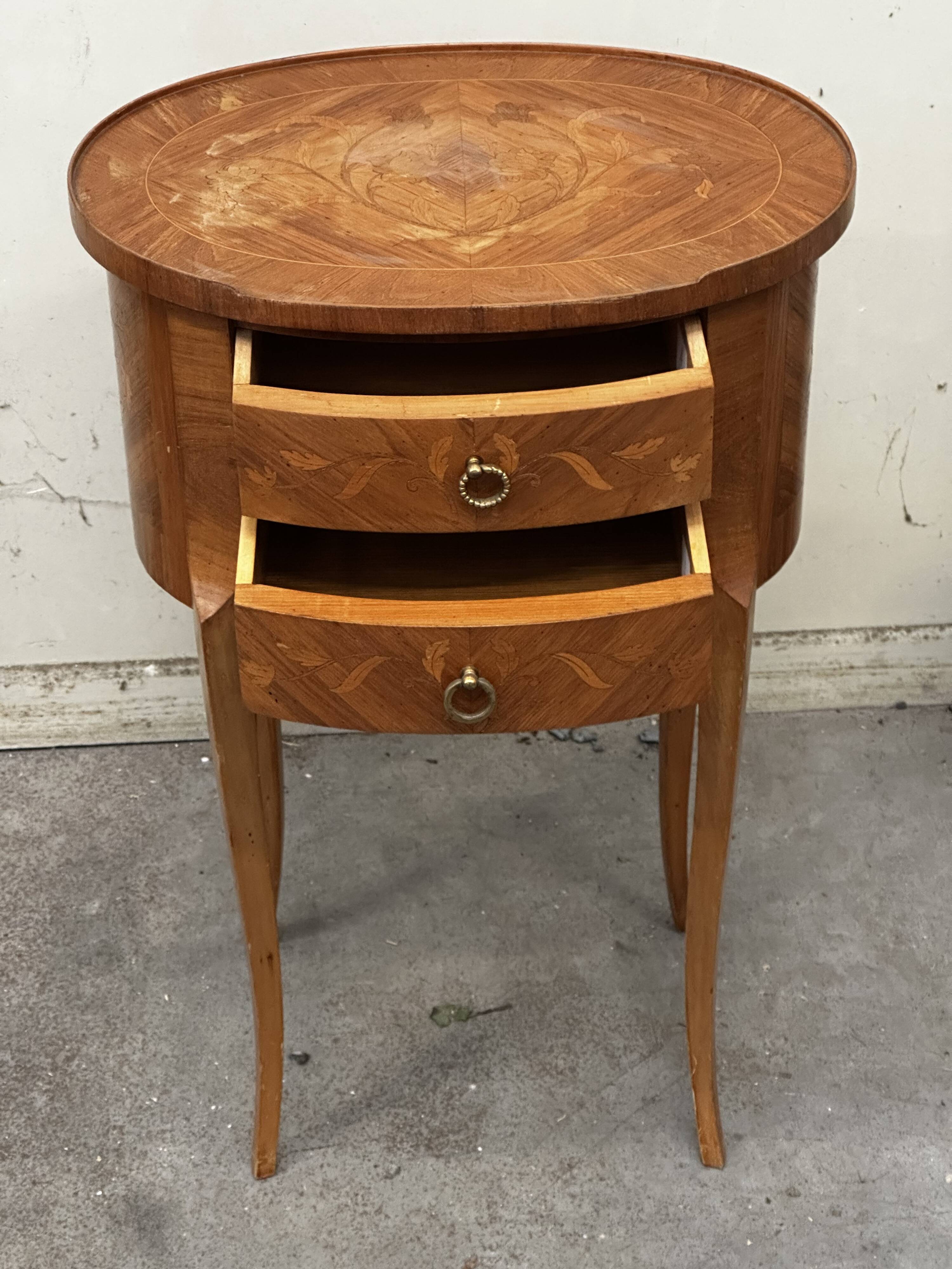 Oval side table in marquetry wood, Louis XVI style - early 20th century