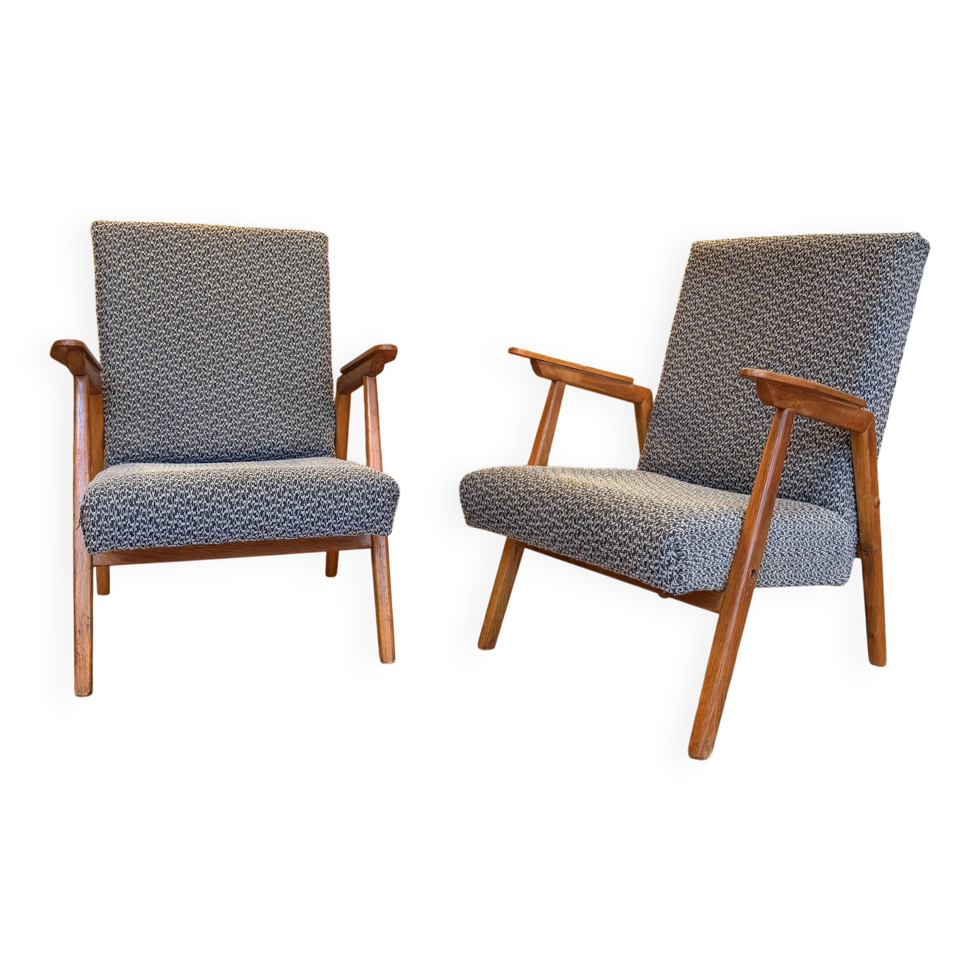 Pair of vintage oak armchairs, original fabric and seat.