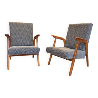 Pair of vintage oak armchairs, original fabric and seat.
