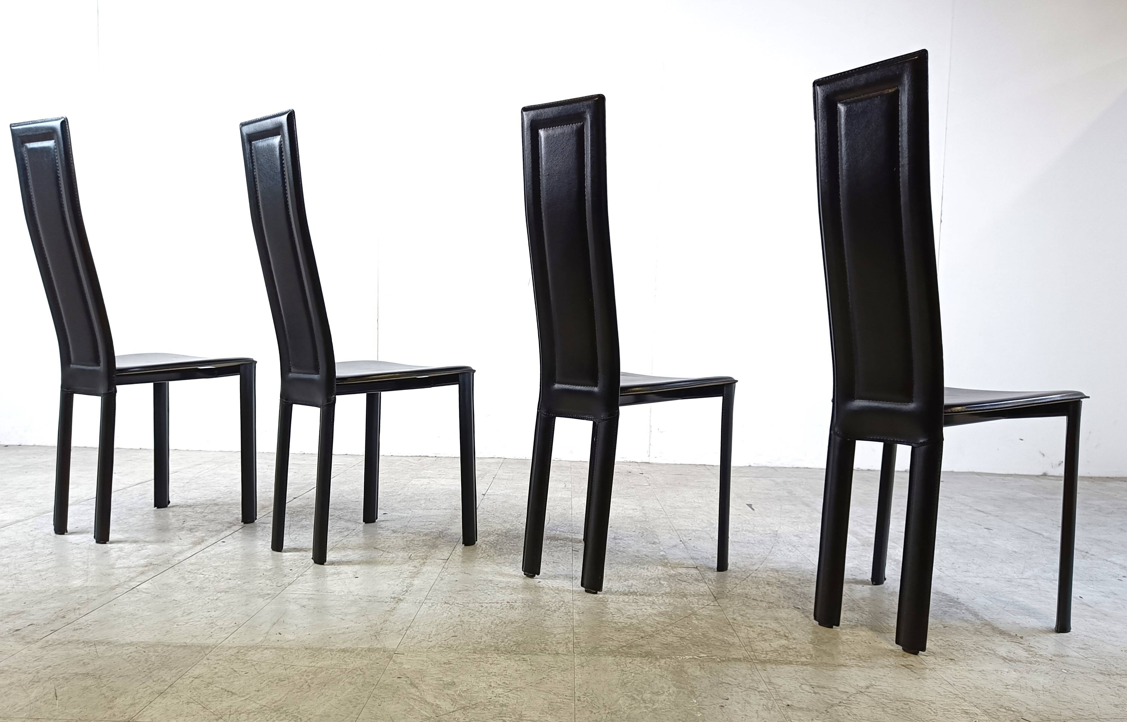 Vintage black leather dining chairs, set of 4, 1980s