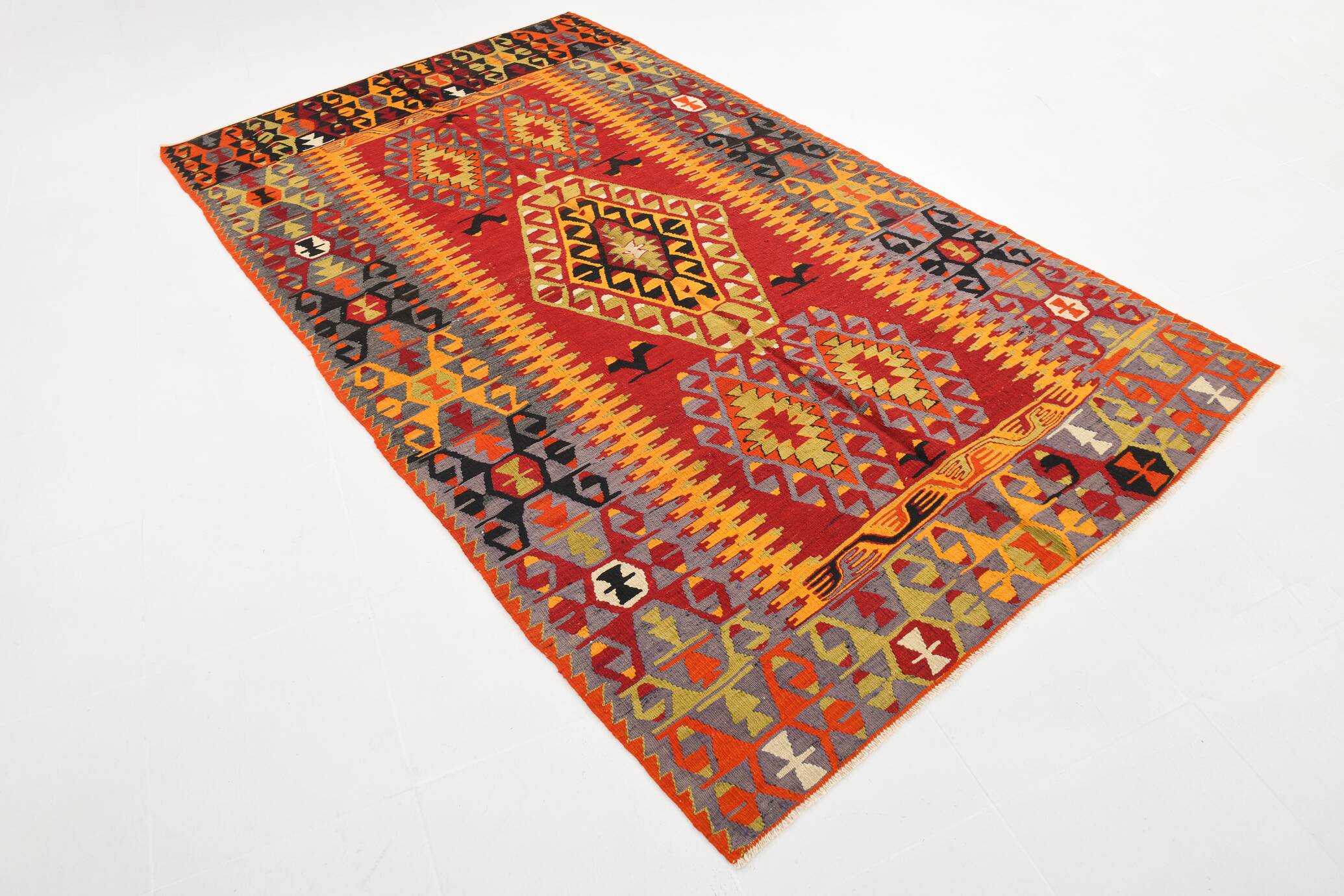 5x10 Wine Red & Orange Turkish Vintage Kilim Rug, 168x295Cm