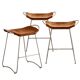 Set of 3 Contemporary Bar Stools, Aged Silver Metal and Cognac Leather