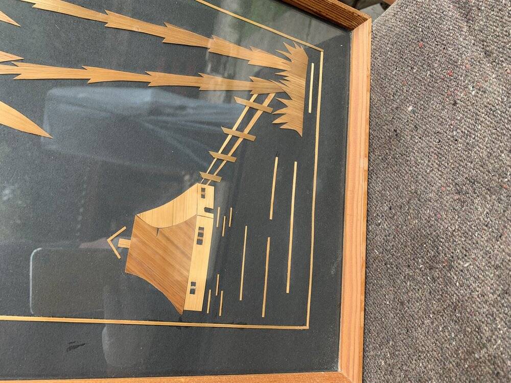 Vintage Hungarian wooden and glass table, artisanal marquetry, brown frame (1950s)