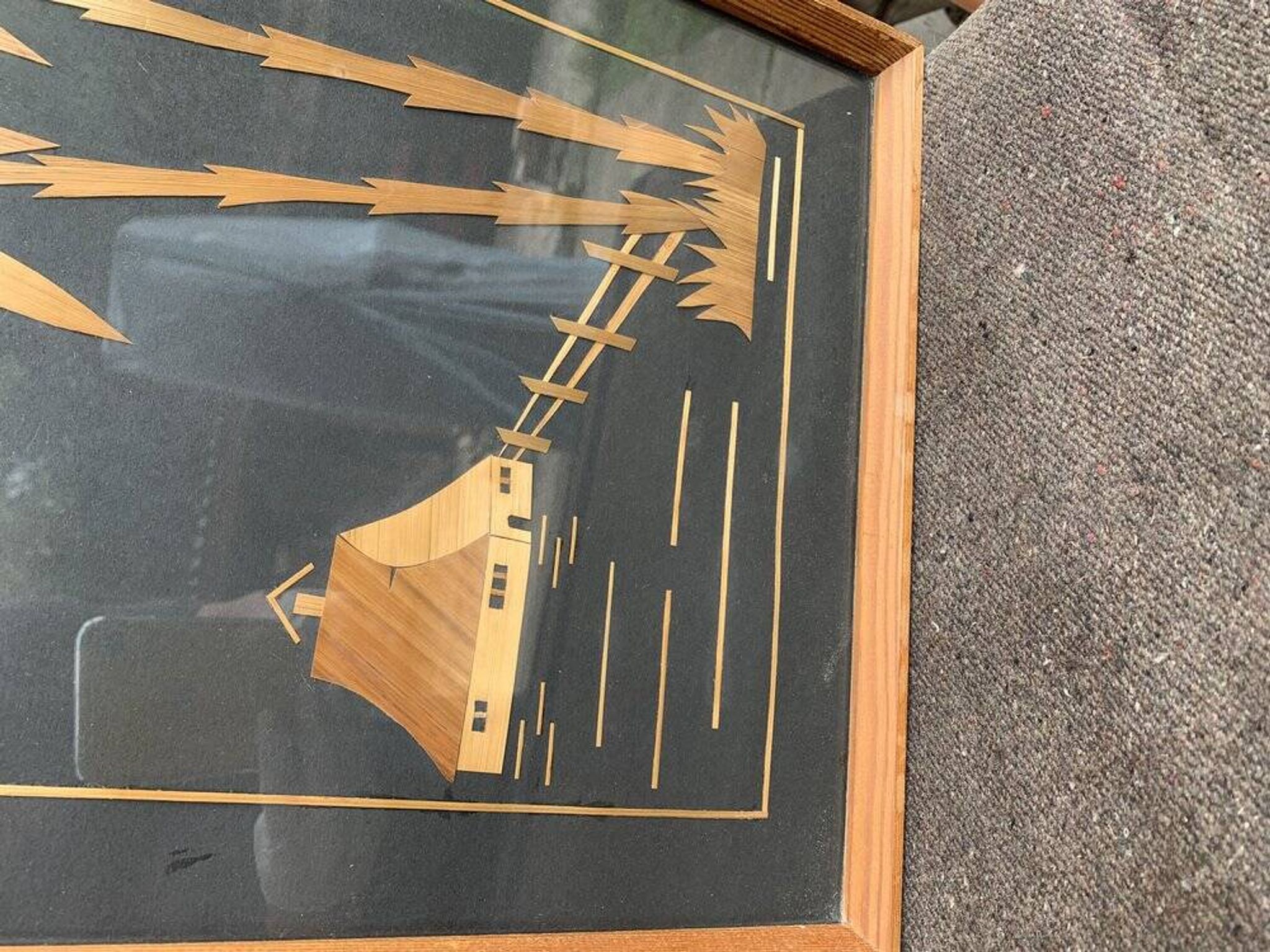 Vintage Hungarian wooden and glass table, artisanal marquetry, brown frame (1950s)