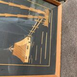 Vintage Hungarian wooden and glass table, artisanal marquetry, brown frame (1950s)