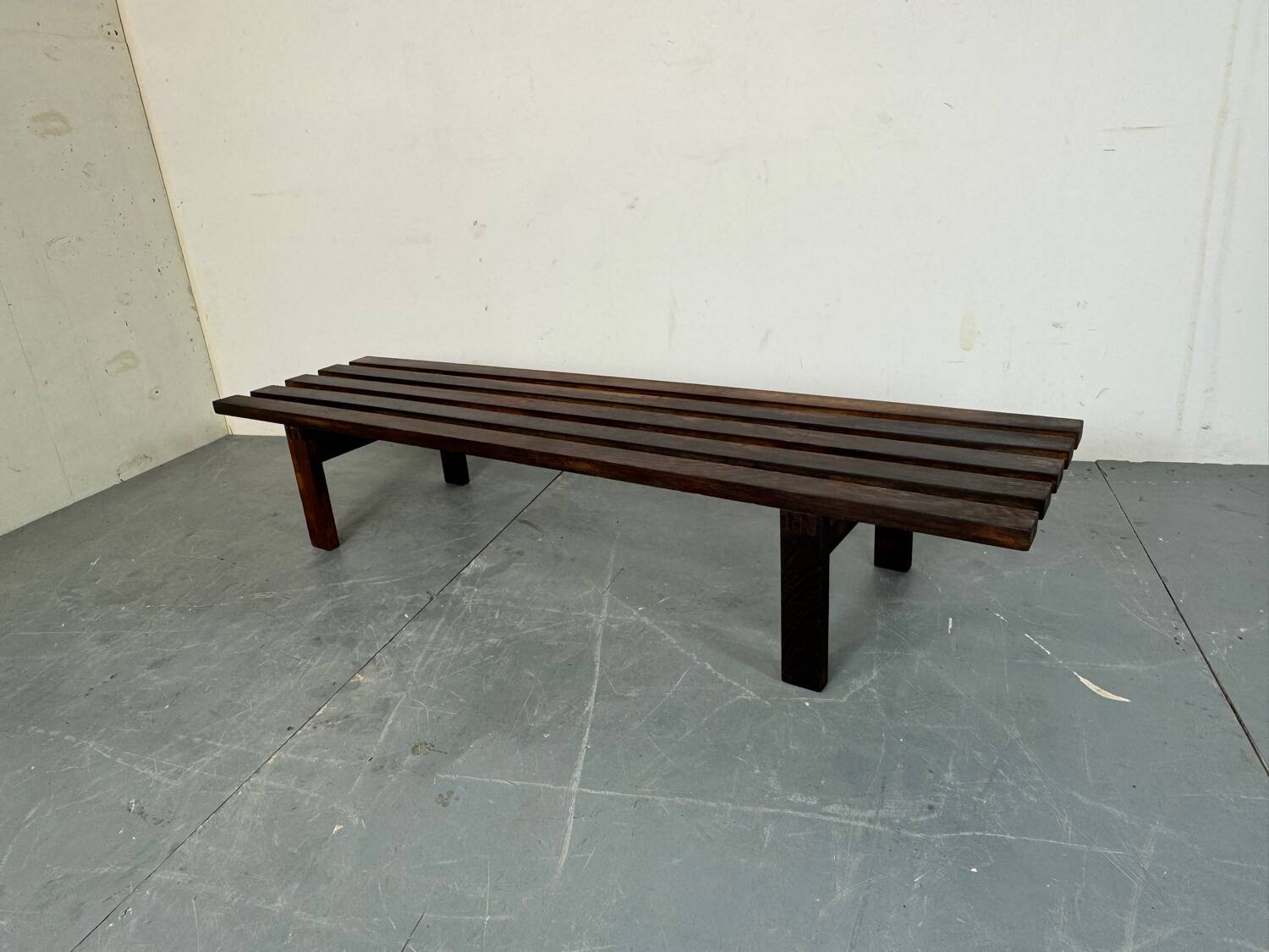 Mid-Century Modern Brown wood Slatted coffee table bench, 1970s
