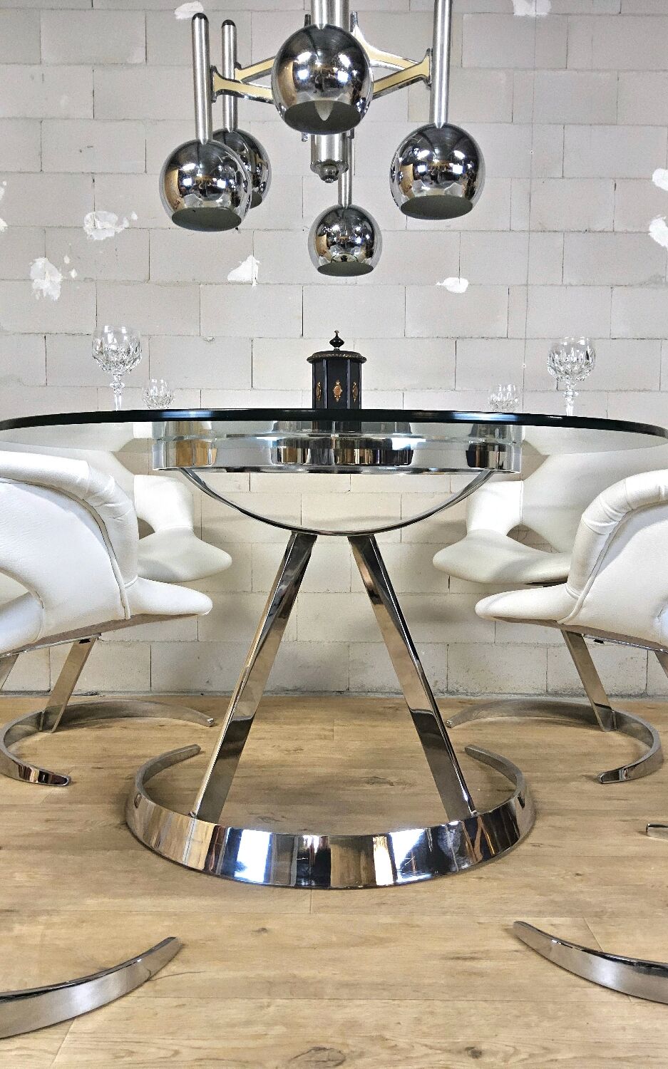 Vintage Chrome French design dining room set Boris Tabacoff 1970s