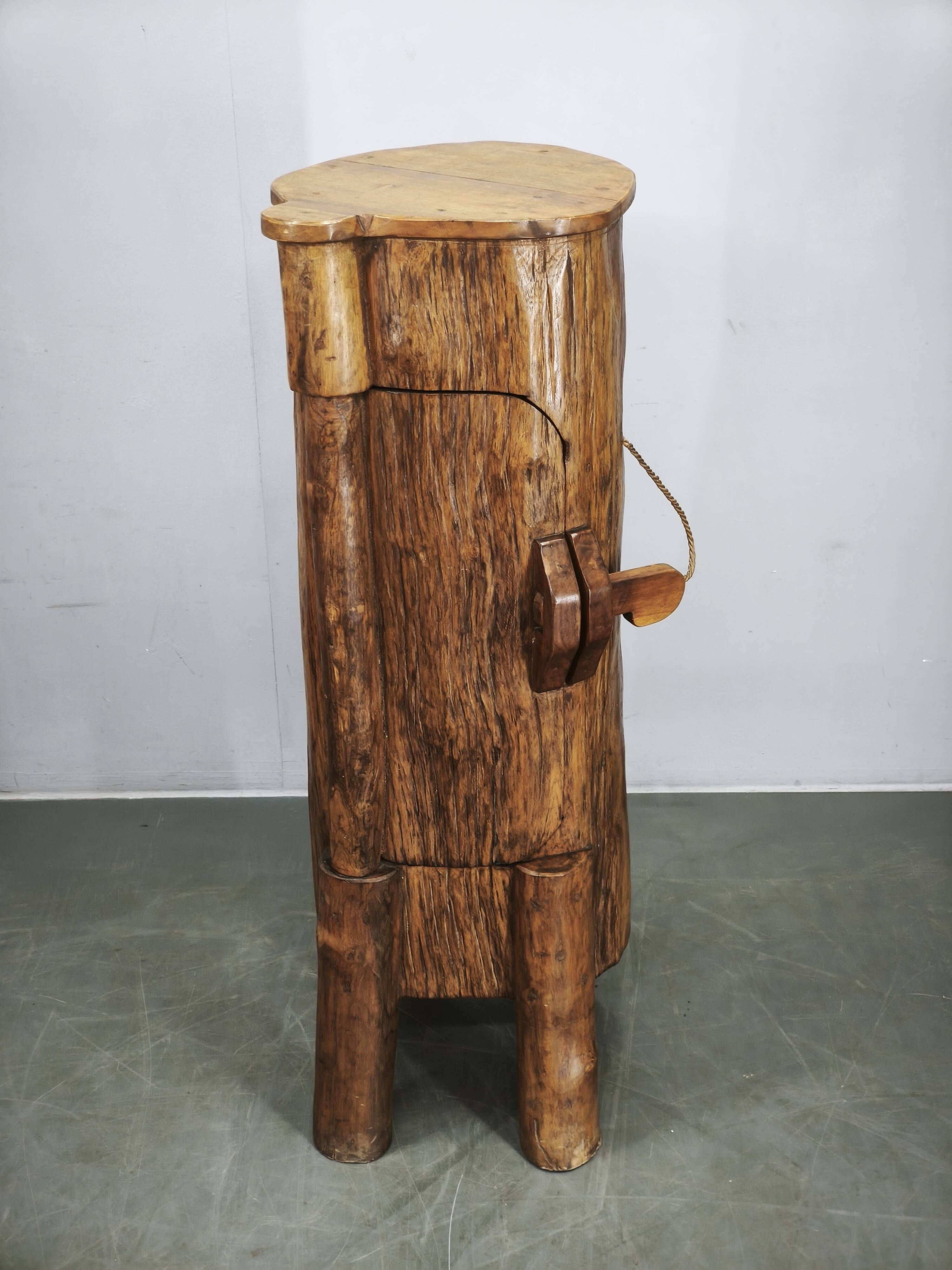 1960s French Brutalist Sculptural Solid Elm Wood Tree Trunk Cabinet