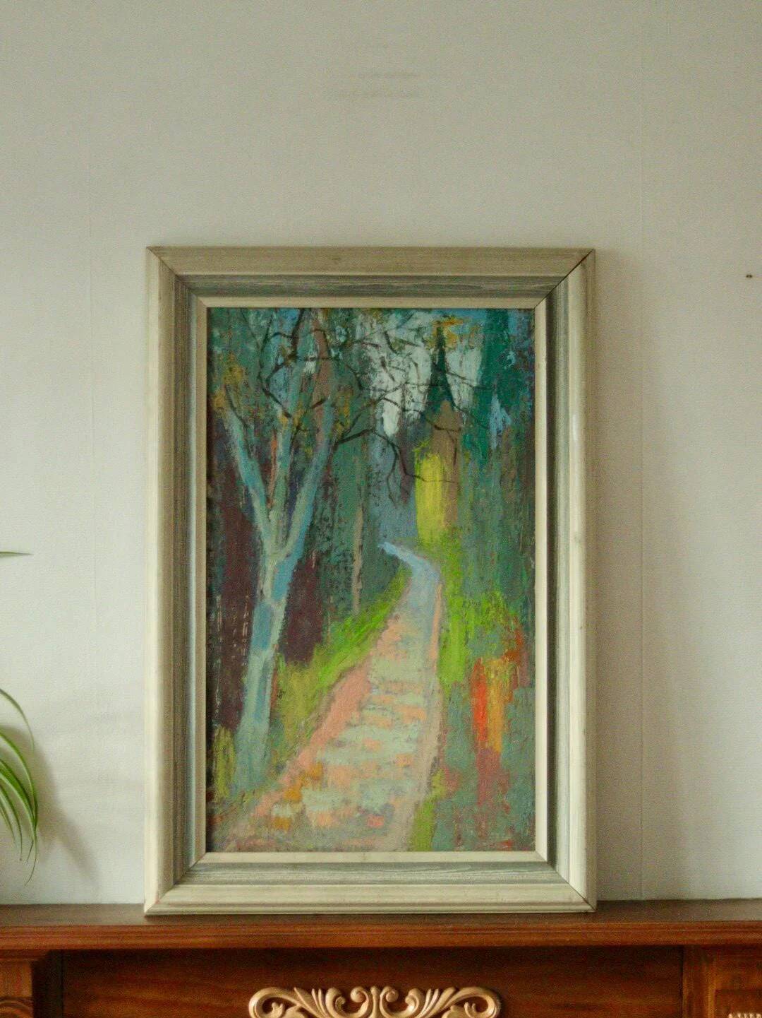 Huile sur panneau originale du milieu du siècle – « Country Lane »