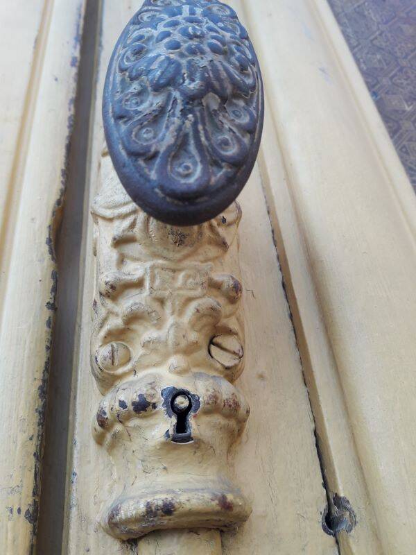 19th century double arched entrance door in oak with grilles and old glass