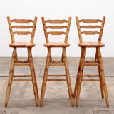 Brutalist mid-century wooden bar with 3 bar chairs, 1970s