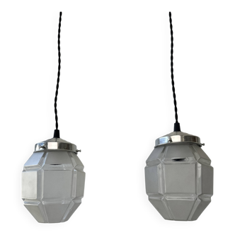 Pair of old vintage hexagonal suspension lights