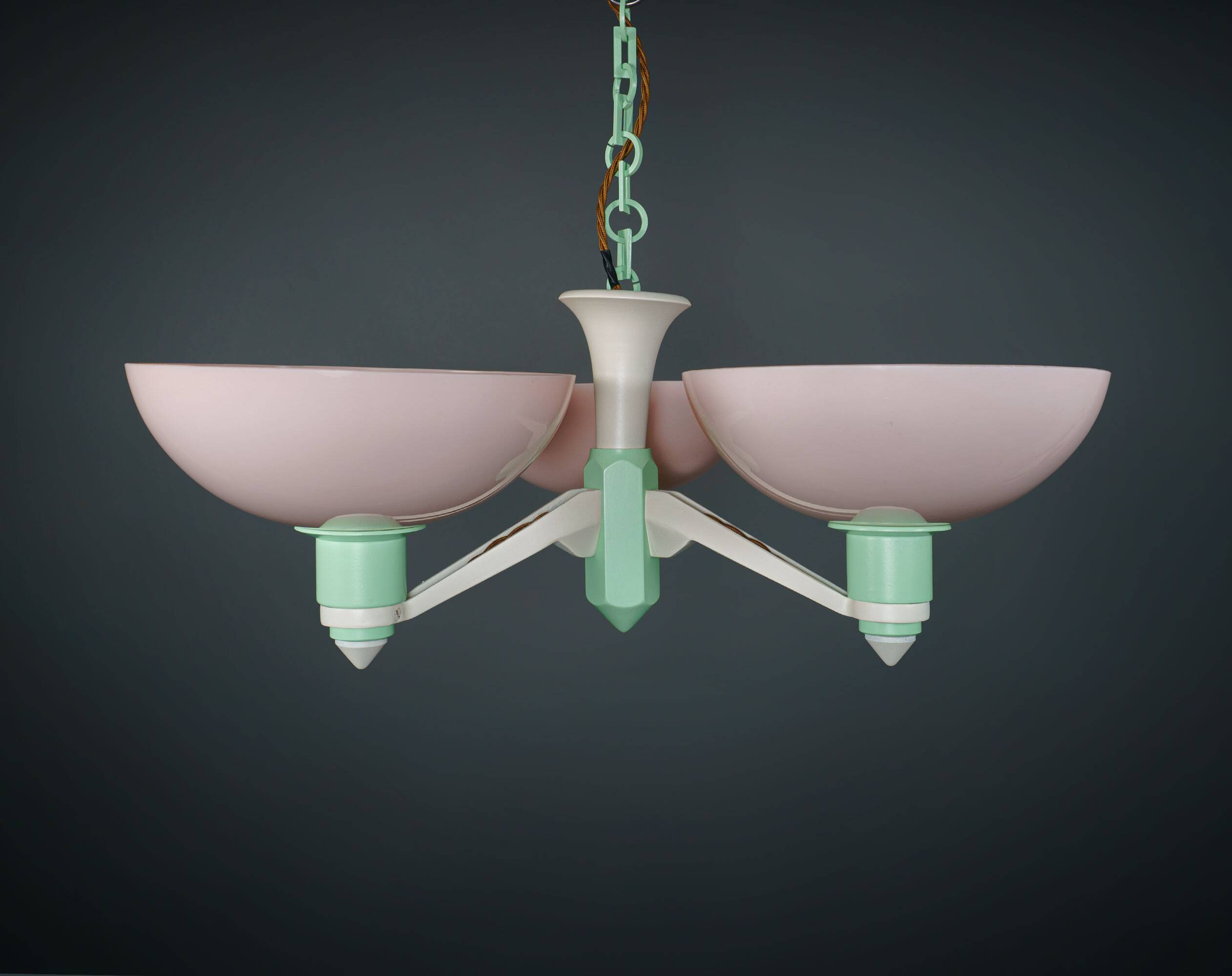 Scarce British Art Deco Pink-Green Aluminium Chandelier & Pink UF Shades