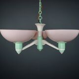 Scarce British Art Deco Pink-Green Aluminium Chandelier & Pink UF Shades