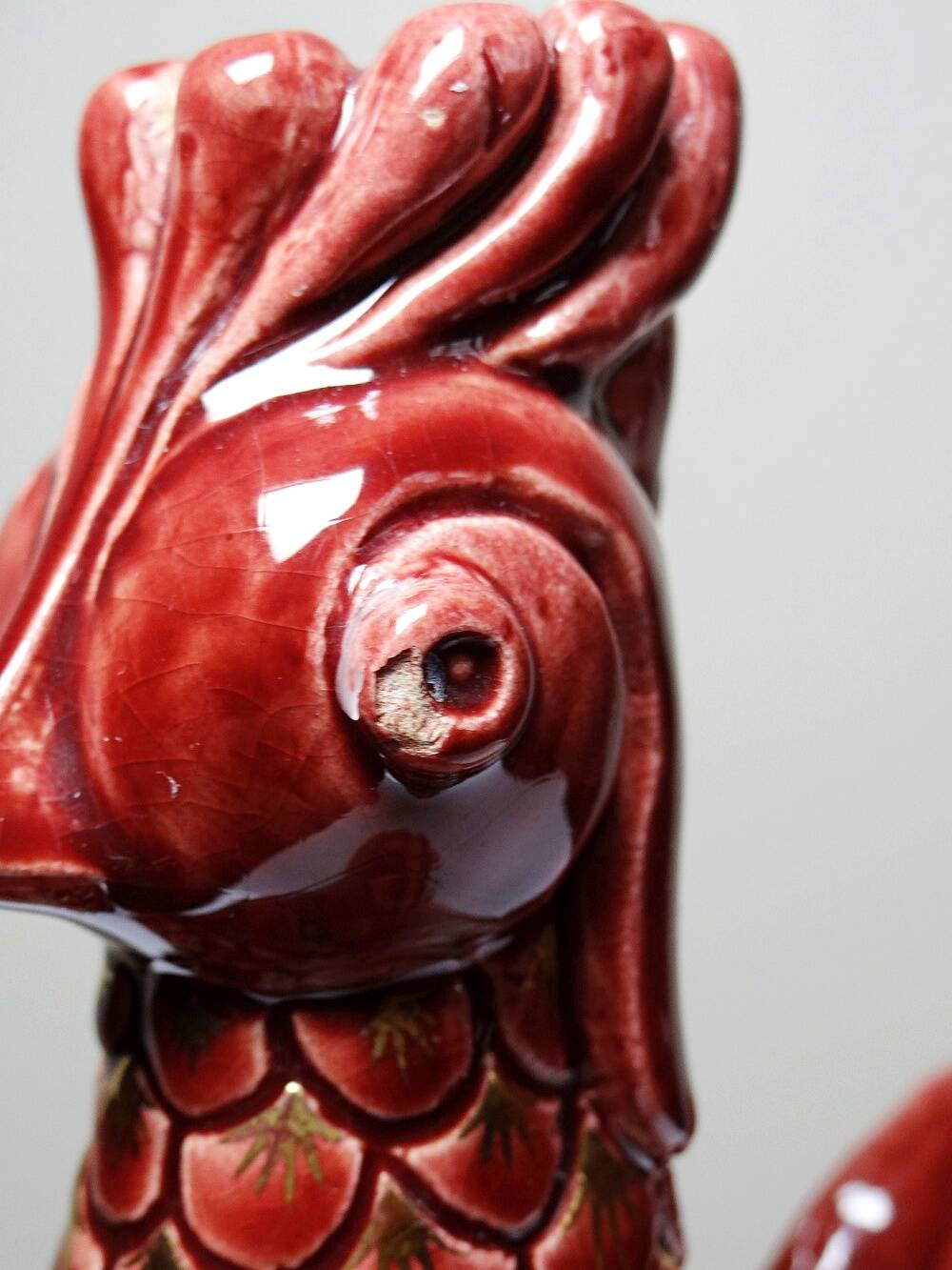 Pair of ceramic glazed candlesticks in the shape of roosters, signed A.G Roger, year 1948.