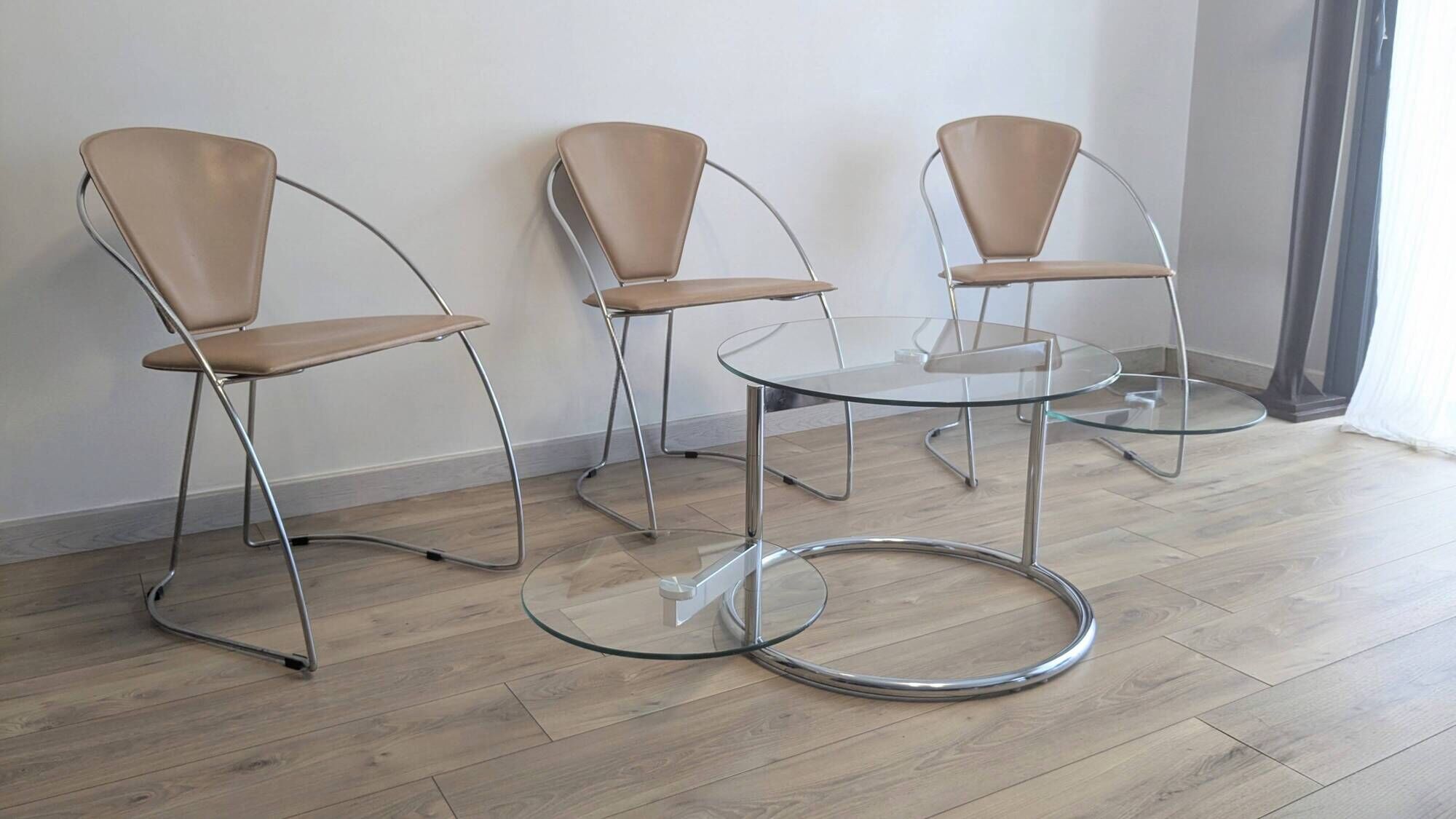 Vintage swivel coffee table with 3 glass and chrome trays – 1980s