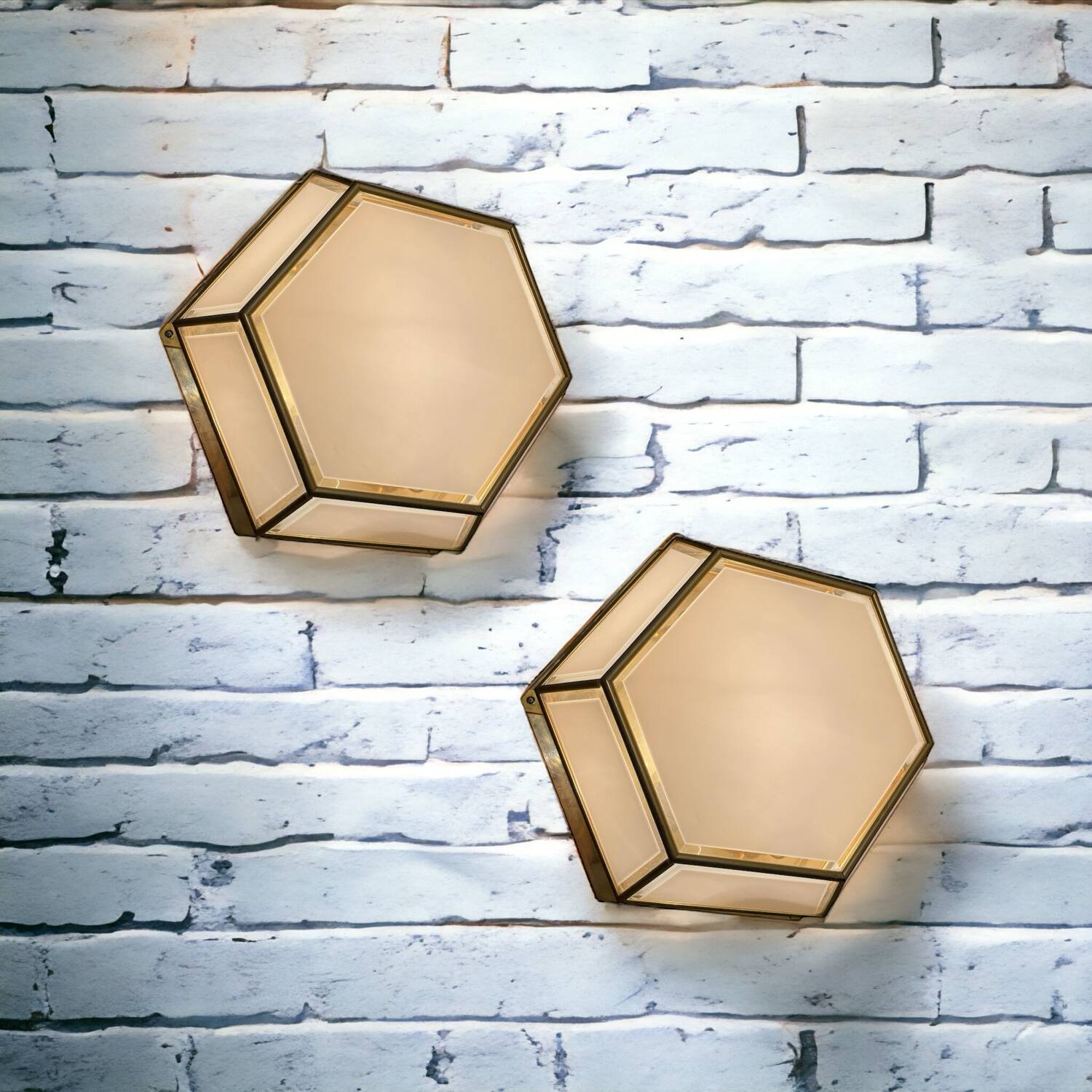 Hexagonal Brass Glass Sconces Set of 2