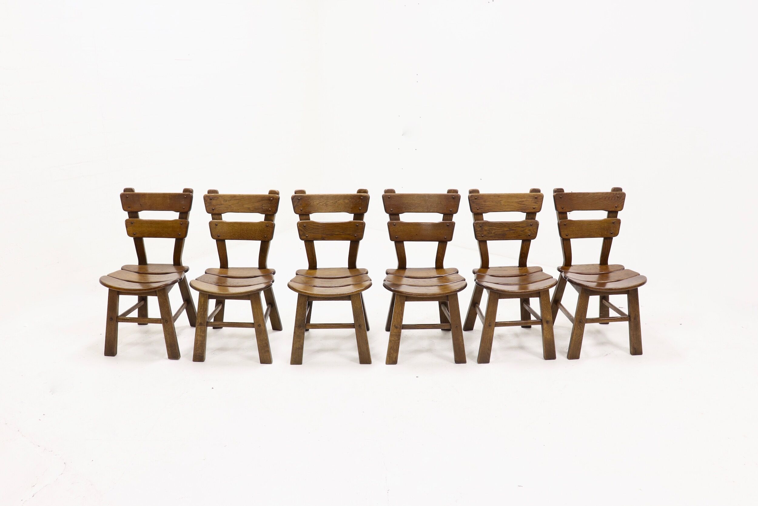 Set of 6 brutalist oak spanish dining chairs 1950