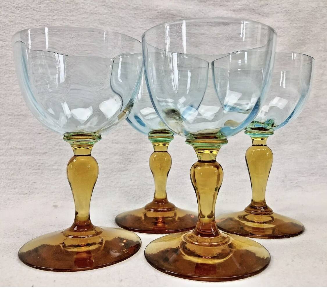 4 old two-tone George Sand wine glasses