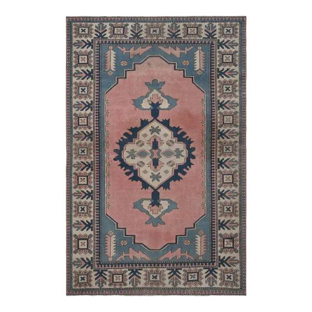 1970s Turkish Oushak Handmade Wool Cotton Pink Blue Area Rug 196x286
